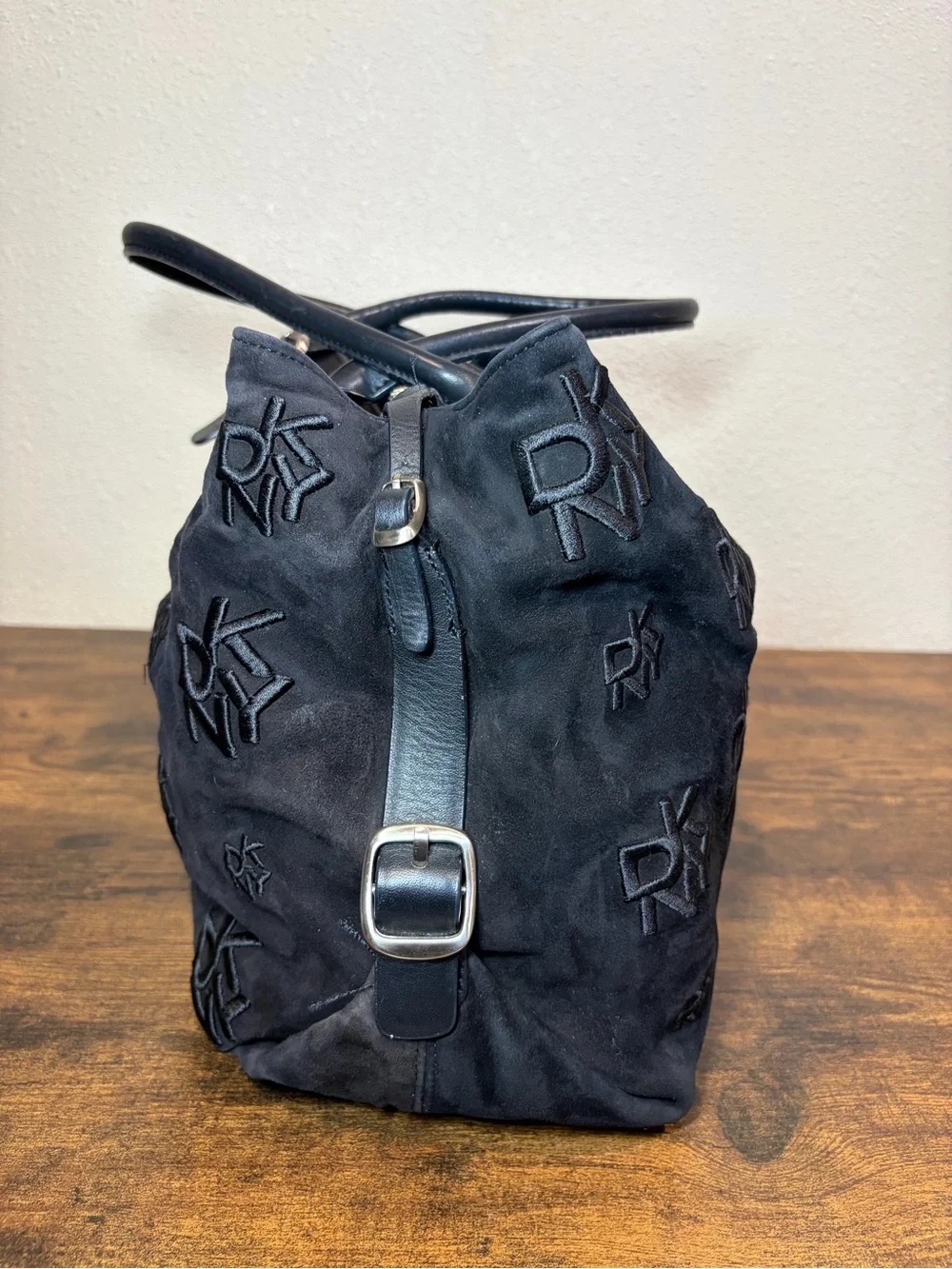 Vintage DKNY Black Suede Shoulder Bag Y2K Monogram Logo Embroidered Hobo Tote